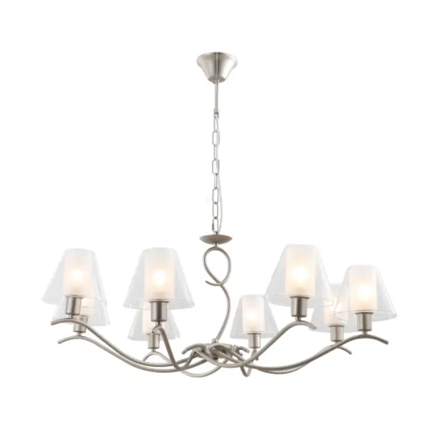 8-light double glass chandelier na may satin nikel finish