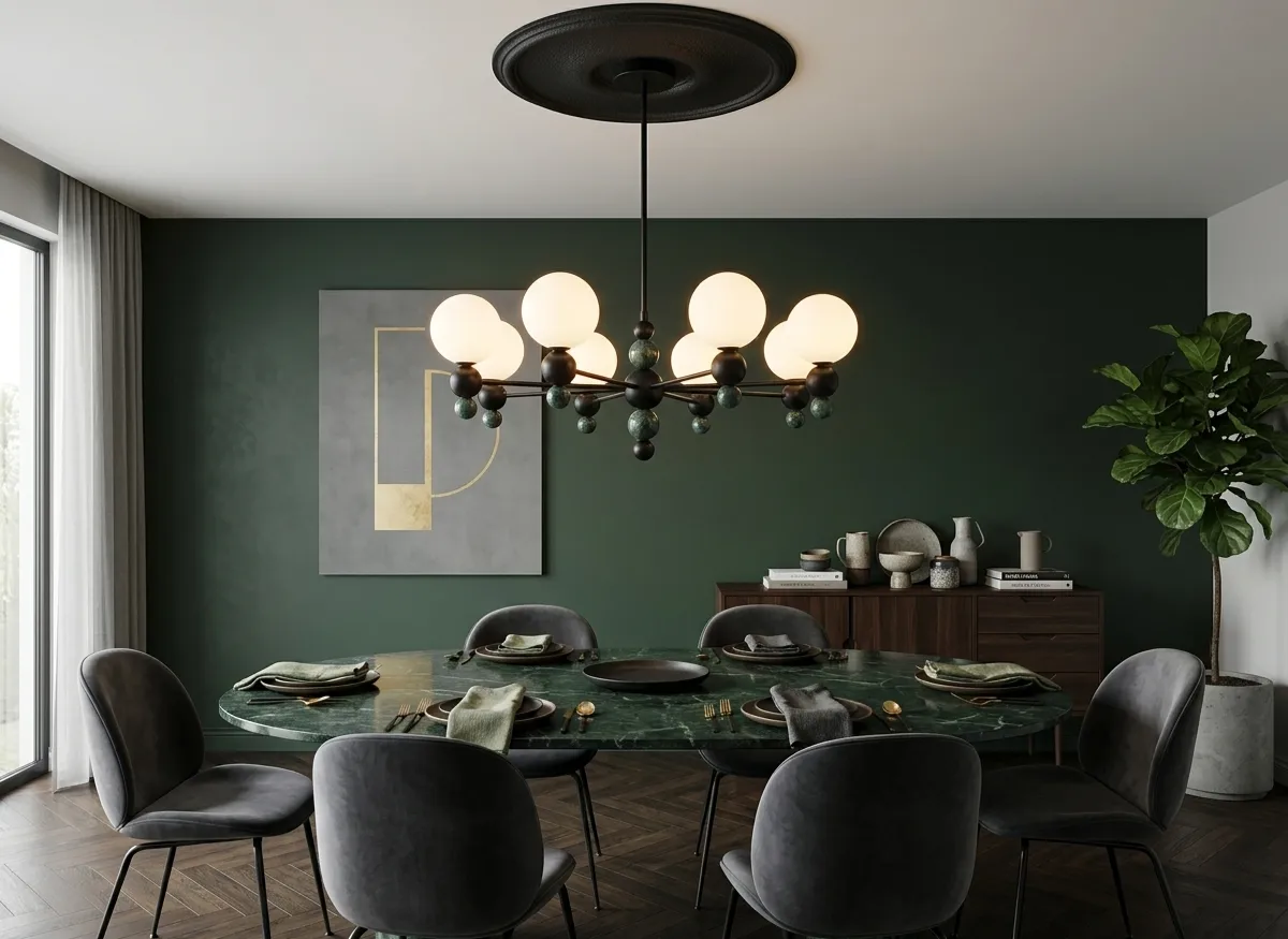 Light Luxury pendant lamp featuring matte black finish, opal glass shades, and natural green marble accents