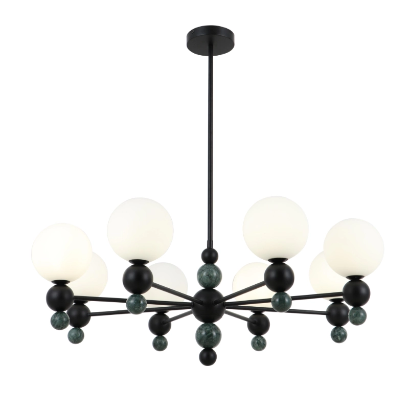 Modernong 8-Light Glass Globe Chandelier na may Green Marble Accent