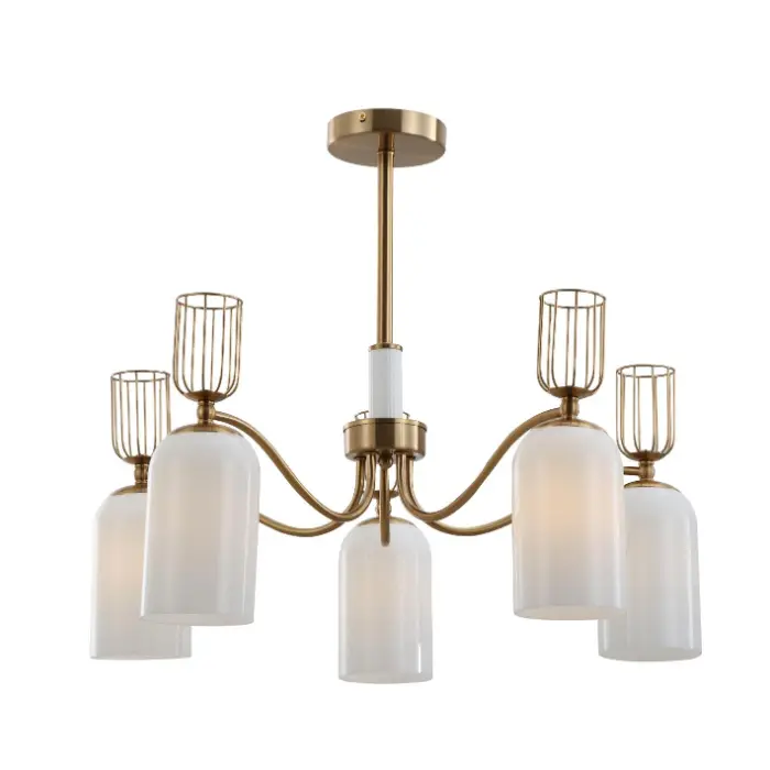 Retro 5-light milk puting baso na gintong chandelier
