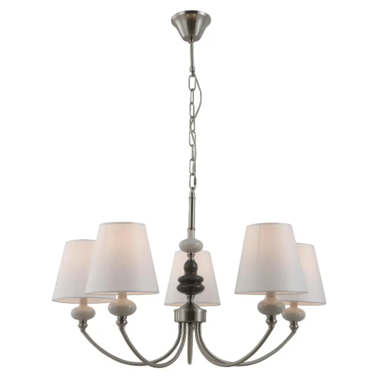 Satin nikel 5-lights ceramic chandelier na may puting conical na shade shade